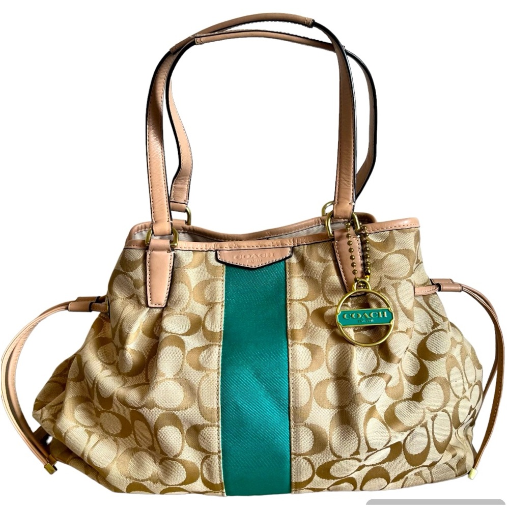 Coach Tan Signature Canvas Tote with Teal Center Stripe